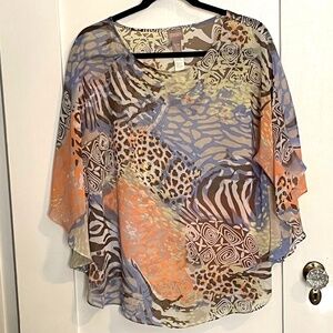 NEW CHICO'S MULTI PATTERN FLOWY FLUTTER SLEEVE TOP BLOUSE
